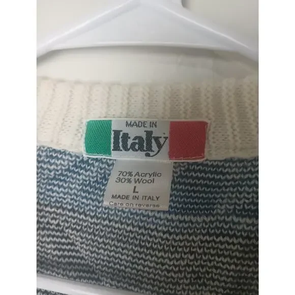 Vintage 3D Men's Sweater Cardigan Made in Italy Wool Size Large Blue Tan Cream
